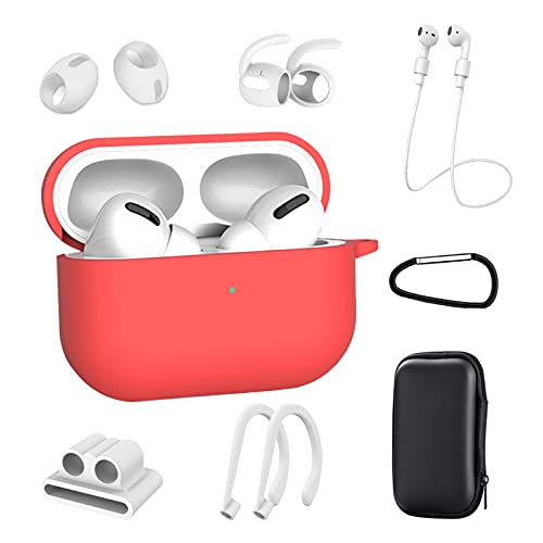 DAZUAN Funda para Airpods Pro Funda, Kit de Accesorios 8 en 1 Airpods Pro, Funda Protectora de Silicona a Prueba de Golpes y Accesorios antipérdida, con Caja de Almacenamiento (Rojo)