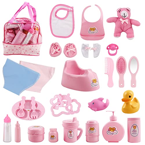 deAO Bolso de Maternidad Incluye 28 Accesorios para Muñecas Bebé Conjunto Infantil de Imitación para Jugar a ser Mamá y Papá