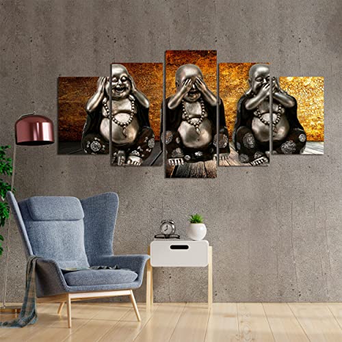 DekoArte 186 - Cuadros Modernos Impresión de Imagen Artística Digitalizada | Lienzo Decorativo Para Tu Salón o Dormitorio | Estilo Zen 3 Budas Ver Oír y Callar Fondo De Madera | 5 Piezas 200x100cm XXL