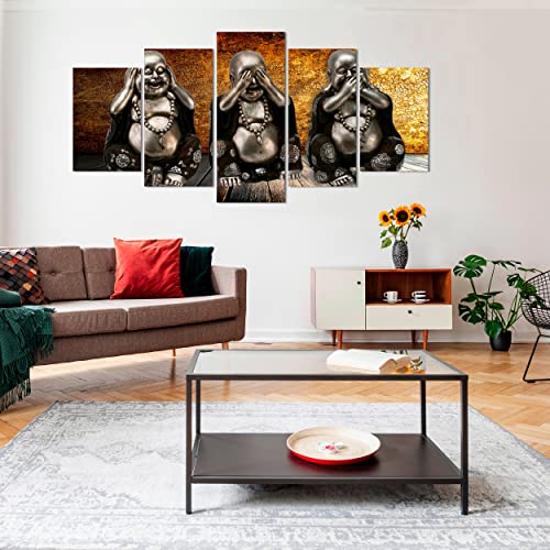 DekoArte 186 - Cuadros Modernos Impresión de Imagen Artística Digitalizada | Lienzo Decorativo Para Tu Salón o Dormitorio | Estilo Zen 3 Budas Ver Oír y Callar Fondo De Madera | 5 Piezas 200x100cm XXL