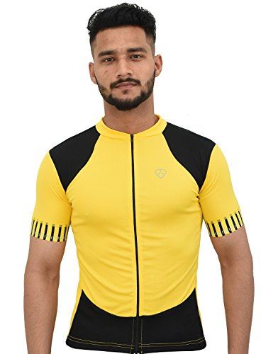 Deportes Hera Ropa Ciclismo, Maillot Mangas Cortas, Camiseta Verano de Ciclistas, Slim Fit (Amarillo/Negro, L)