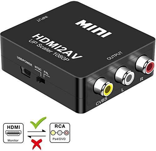 DIGITNOW! HDMI a AV 3 RCA CVBS Compuesto Adaptador Convertidor Conversor de Video y Audio de señal Mini 1080P con Cable de Carga USB ,Compatible para PC/Laptop/Xbox / PS4 / PS3 / TV/VCR Cámara DVD