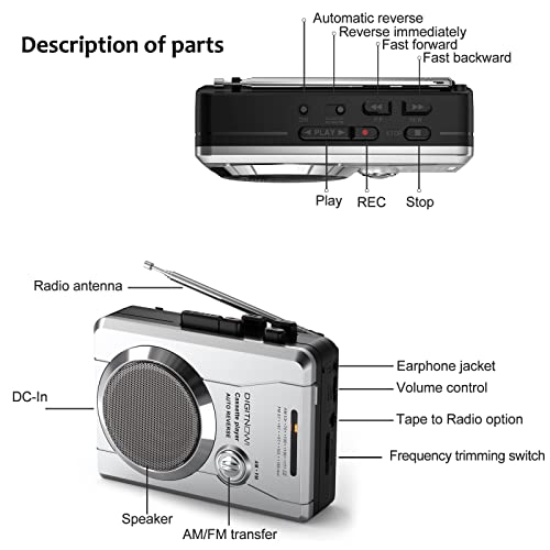 DIGITNOW! Reproductor de Cassette portátil Walkman,Radio Grabadora de Cassette con Auriculares,Radio FM/AM,Micrófono,Grabadora de voz,con Bucle de Reproducción de Cinta, Avance y Retroceso