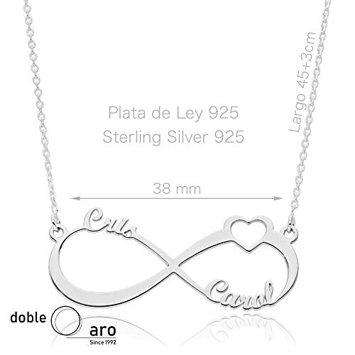 doble aro Collar Infinito con Corazón Personalizado - Añade entre 1 y 3 Nombres - Colgante en Plata de Ley 925/1000 (Corazón, Plata de Ley 925)