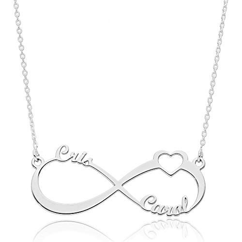 doble aro Collar Infinito con Corazón Personalizado - Añade entre 1 y 3 Nombres - Colgante en Plata de Ley 925/1000 (Corazón, Plata de Ley 925)