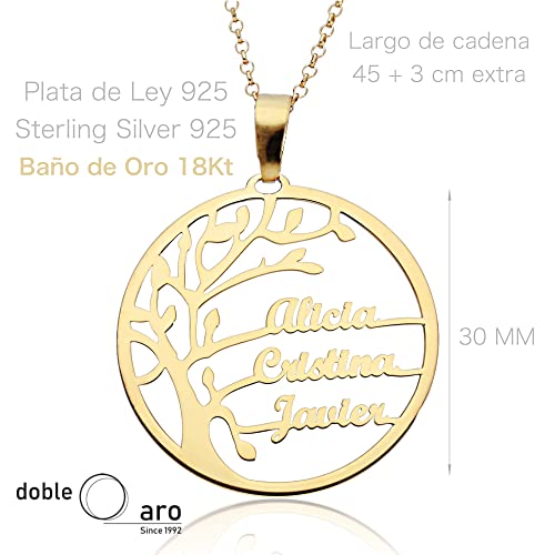 doble aro Collar Personalizado Árbol de la Vida para Mujer - Plata de Ley 925/1000 Bañado en Oro 18Kt - Colgante Personalizado con Hasta 6 Nombres