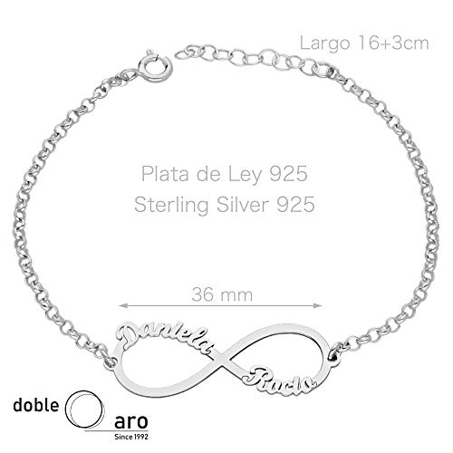 doble aro - Pulsera Infinito Personalizado con Nombres en Plata de Ley 925 - Entre 1 y 4 Nombres - Ideal para San Valentin o Día de la Madre. (Pulsera Infinito, Plata de Ley 925)