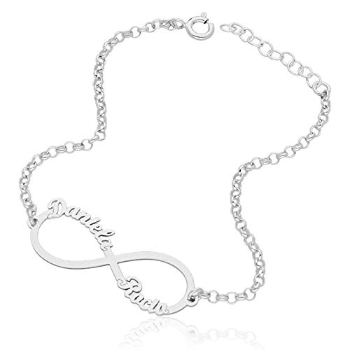 doble aro - Pulsera Infinito Personalizado con Nombres en Plata de Ley 925 - Entre 1 y 4 Nombres - Ideal para San Valentin o Día de la Madre. (Pulsera Infinito, Plata de Ley 925)