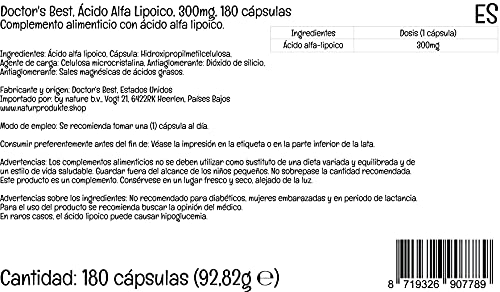 Doctor's Best, Alpha-Lipoic Acid (Ácido Alfa-Lipoico), 300 mg, 180 Cápsulas veganas, Altamente Dosificado, Probado en Laboratorio, No GMO, Sin Gluten, Sin Soja