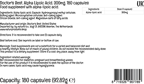 Doctor's Best, Alpha-Lipoic Acid (Ácido Alfa-Lipoico), 300 mg, 180 Cápsulas veganas, Altamente Dosificado, Probado en Laboratorio, No GMO, Sin Gluten, Sin Soja