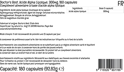 Doctor's Best, Alpha-Lipoic Acid (Ácido Alfa-Lipoico), 300 mg, 180 Cápsulas veganas, Altamente Dosificado, Probado en Laboratorio, No GMO, Sin Gluten, Sin Soja