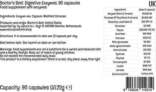 Doctor's Best, Digestive Enzymes ( Enzimas Digestivas ), 90 Cápsulas vegetarianas, Mezcla de Enzimas, Probadas en Laboratorio, Sin Gluten, Sin Soja, no GMO