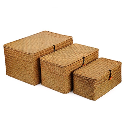 DOKOT Seagrass Cestas Mimbre Decoración Cesto de Almacenaje con Tapa Rectangular Tejido de Ratán Caja con Tapa 3 Piezas (Grande + Mediano + Pequeño)