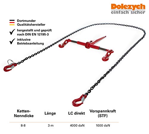 Dolezych Cadena de Sujeción Tensora con Gancho de Horquilla y Tensor Tipo Carraca para Cadena con Gancho Acortador de 2 Piezas; Capacidad de Amarre de 4000 Dan; 3 m de Longitud