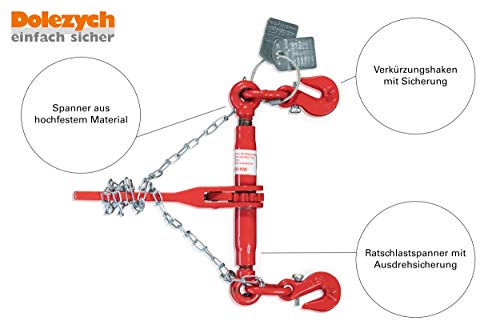 Dolezych Cadena de Sujeción Tensora con Gancho de Horquilla y Tensor Tipo Carraca para Cadena con Gancho Acortador de 2 Piezas; Capacidad de Amarre de 4000 Dan; 3 m de Longitud