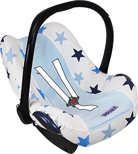 Dooky Seat Cover 0+ Blue Star Cubierta para el asiento de coche del bebé (para sistema de cinturón de 3 y 5 puntos, grupo de edad 0+, adecuado para la mayoría de las marcas), Azul