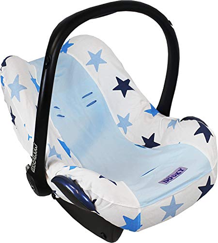 Dooky Seat Cover 0+ Blue Star Cubierta para el asiento de coche del bebé (para sistema de cinturón de 3 y 5 puntos, grupo de edad 0+, adecuado para la mayoría de las marcas), Azul