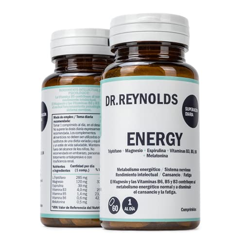 DR.REYNOLDS - Energy | Triptófano + Magnesio + Espirulina + Vitamina B3, B5, B6 + Melatonina | Metabolismo energético | Sistema nervioso | Rendimiento intelectual | Cansancio y Fatiga | Estrés | 60 Ud