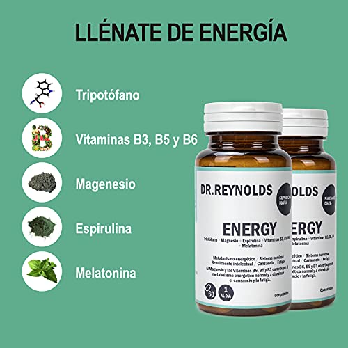 DR.REYNOLDS - Energy | Triptófano + Magnesio + Espirulina + Vitamina B3, B5, B6 + Melatonina | Metabolismo energético | Sistema nervioso | Rendimiento intelectual | Cansancio y Fatiga | Estrés | 60 Ud