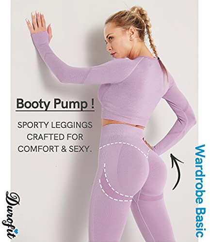 DUROFIT Conjuntos Deportivos para Mujer Leggins y Crop Top Deporte Sport Set Conjunto de Ropa Deportiva Legging Mallas de Yoga Fitness Cintura Alta Camiseta de Manga Larga Push Up Orado Claro M