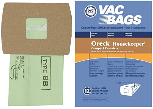 DVC Bolsas de recambio de papel al vacío estilo BB Fit Oreck Buster B, Buster B ama de llaves, Oreck XLPro modelos compactos comerciales | Incluye 12 bolsas de vacío + 1 filtro