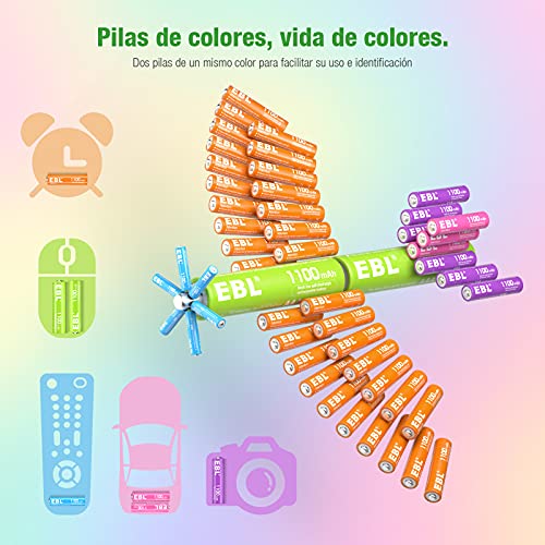 EBL Pilas Recargables AAA 1100mAh Ni-MH Arco Iris Batería Recargables