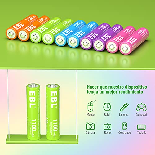 EBL Pilas Recargables AAA 1100mAh Ni-MH Arco Iris Batería Recargables