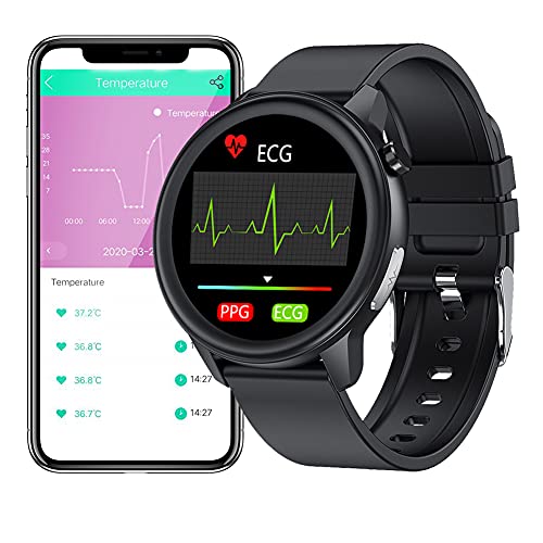 ECG Smartwatch Hombre, Impermeable IP68 Reloj Inteligente con Corporal Temperatura, Mujer Smart Watch con Monitor de Frecuencia Cardíaca Notificación de Mensajes Podómetro Monitor de Sueño (Negro)