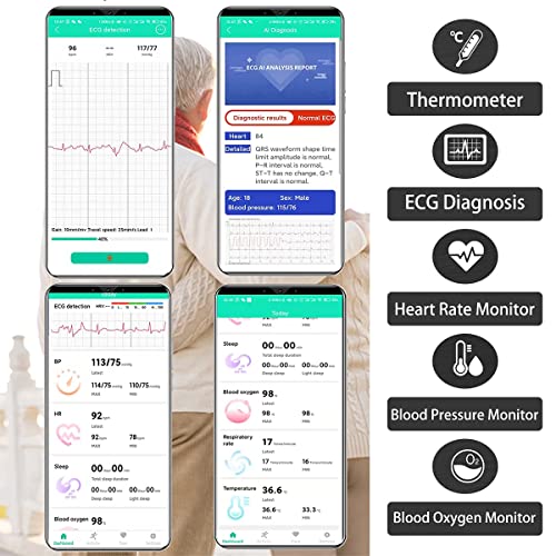 ECG Smartwatch Hombre, Impermeable IP68 Reloj Inteligente con Corporal Temperatura, Mujer Smart Watch con Monitor de Frecuencia Cardíaca Notificación de Mensajes Podómetro Monitor de Sueño (Negro)