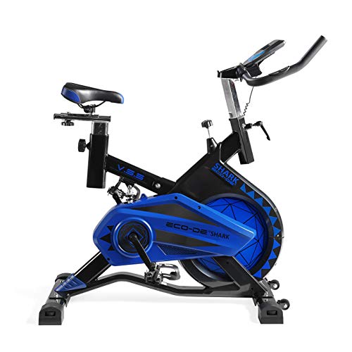 ECODE Bicicleta Spinning Shark. Uso semiprofesional con pulsómetro, Pantalla LCD y Resistencia Variable. Estabilizadores. Completamente Regulable.Rueda de inercia de 20kgrs