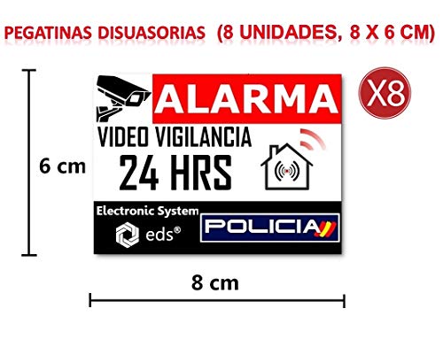 Egero - Pegatinas disuasorias Video Vigilancia Alarma Policia x8 Antirrobo para Casa, Edificio, Comercio, Garaje. Pegatinas de videovigilancia de Calidad Profesional.