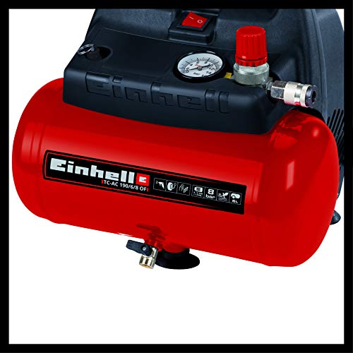 Einhell Compresor TC-AC 190/6/8 OF (1.100 W, máx. 8 bar, motor exento de aceite/servicio, depósito de aire comprimido de 6 litros, manómetro, acoplamiento rápido, válvula de seguridad, mango)