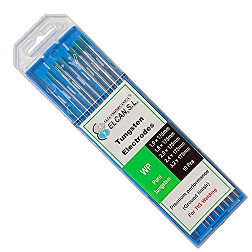 ELCAN Tungstenos soldadura TIG Puro Verde WP profesional, electrodos soldadura para torcha TIG de 1,0 1,6 2,0 2,4 3,2 mm, 10 unidades - Dimensiones: 1,0/1,6/2,0/2,4/3,2 x 175 mm