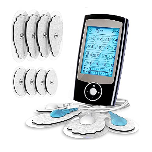 Electroestimulador digital,para aliviar el dolor muscular y el fortalecimiento muscular, masaje, EMS, TENS, pantalla LCD azul,8 electrodos autoadhesivos, 16 Programas de masaje