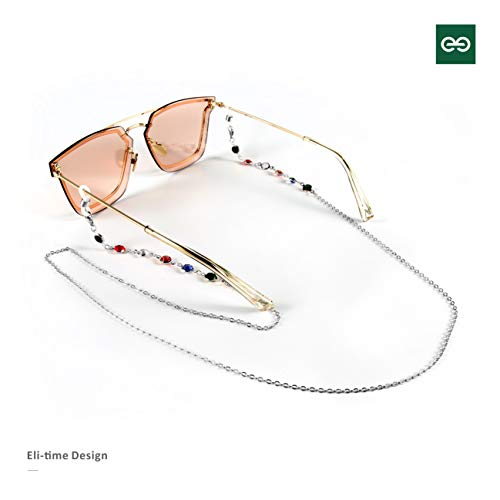 Eli-time Correas gafas para mujer - Cadena gafas de sol con cuentas de cristal de metal/Cordones para el cuello con silicona antideslizante para múltiples aplicaciones (Plata)