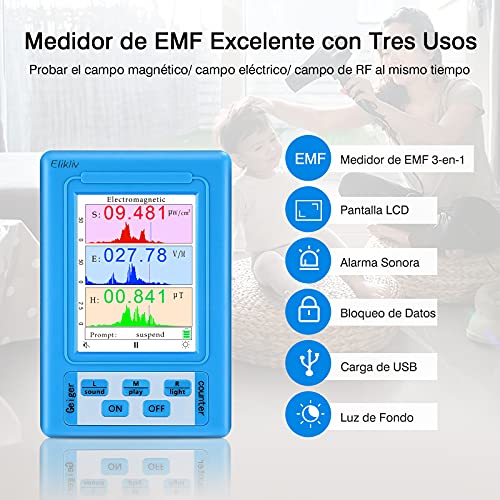 Elikliv Detector de Radiación de Campos Electromagnéticos, Digital Medidor de EMF Radiación Electromagnetica con LCD Pantalla y Contador Geiger para Interior y Exterior