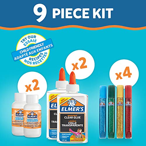 Elmer's Kit Iniciación Slime con Pegamento Transparente, Barras con Purpurina y solución activadora líquido mágico + Solución líquido mágico Slime de Pegamento, 259 ml, Adecuado para Hacer Slime