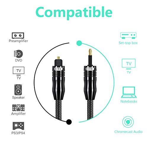 EMK 2M Cable Audio Óptico 3.5mm Mini Toslink Macho a Conector Toslink Macho Soporta Dolby Tecnología DTS para Toslink Home Theater DVD TV CD Amplificador MacBook iMac y más Negro 2M