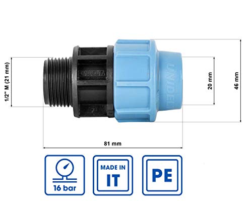 Empalme de tubo de polietileno de 1/2 pulgada con rosca exterior x 20 mm, MDPE PE PE para tuberías de agua, de plástico, para tubo de conexión