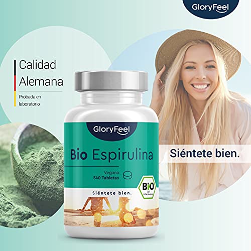 Espirulina Ecológica 3000mg - 540 Comprimidos veganos de 100% Bio Spirulina - Alta Dosis en Ficocianina 26% - Energía, Detox, Fuerza y Efecto de Saciedad - Certificación ecológica oficial