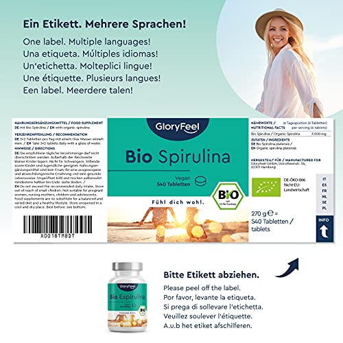 Espirulina Ecológica 3000mg - 540 Comprimidos veganos de 100% Bio Spirulina - Alta Dosis en Ficocianina 26% - Energía, Detox, Fuerza y Efecto de Saciedad - Certificación ecológica oficial