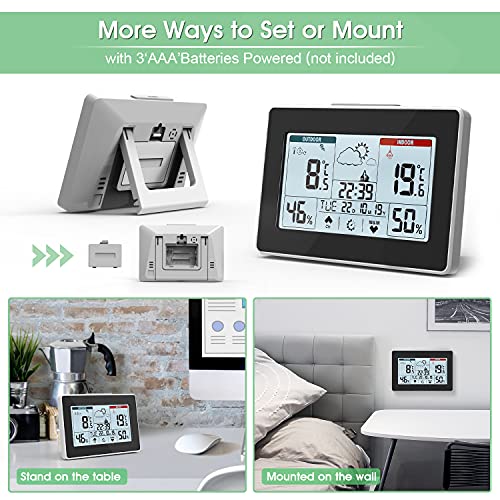 Estación Meteorológica con Sensor Inalámbrico para Interior Exterior, Termómetro Digital Higrómetro con Temperatura, Humedad, Pronóstico del Tiempo, Hora del Día, 3 Canales, Pantalla Táctil