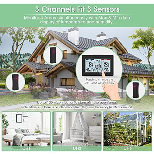 Estación Meteorológica con Sensor Inalámbrico para Interior Exterior, Termómetro Digital Higrómetro con Temperatura, Humedad, Pronóstico del Tiempo, Hora del Día, 3 Canales, Pantalla Táctil