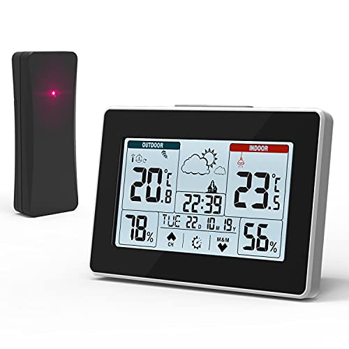 Estación Meteorológica con Sensor Inalámbrico para Interior Exterior, Termómetro Digital Higrómetro con Temperatura, Humedad, Pronóstico del Tiempo, Hora del Día, 3 Canales, Pantalla Táctil