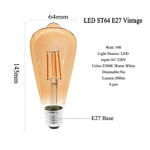 Etrogo LED Edison Bombillas Vintage E27 con Filamento 4W Equivalente a 40W 400LM luz Cálido Amarilla 2300K ST64 Retro Estilo [6 Unidades No Regulabre]