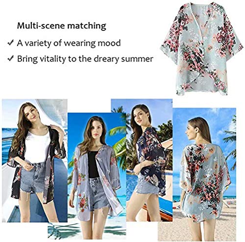 EUFANCE Mujeres Chiffon Loose Shawl - Chiffon Floral Print Kimono Cardigan Cover Up, Summer Casual Blusa Beach Swimwear