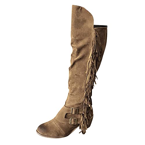 FACAIAFALO Botas De CuñA Para Mujer Informales Retro Con Flecos Sobre La Rodilla Botas Largas Zapatos De Tacones Cuadrados Mujer OtoñO Invierno Cuero Nobuck Calentar Botas