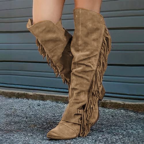 FACAIAFALO Botas De CuñA Para Mujer Informales Retro Con Flecos Sobre La Rodilla Botas Largas Zapatos De Tacones Cuadrados Mujer OtoñO Invierno Cuero Nobuck Calentar Botas