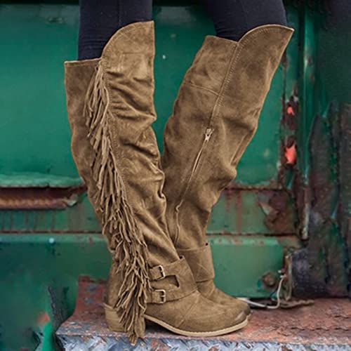 FACAIAFALO Botas De CuñA Para Mujer Informales Retro Con Flecos Sobre La Rodilla Botas Largas Zapatos De Tacones Cuadrados Mujer OtoñO Invierno Cuero Nobuck Calentar Botas