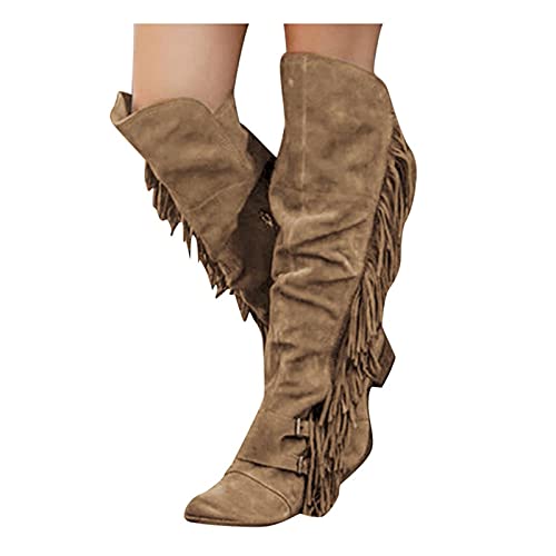 FACAIAFALO Botas De CuñA Para Mujer Informales Retro Con Flecos Sobre La Rodilla Botas Largas Zapatos De Tacones Cuadrados Mujer OtoñO Invierno Cuero Nobuck Calentar Botas